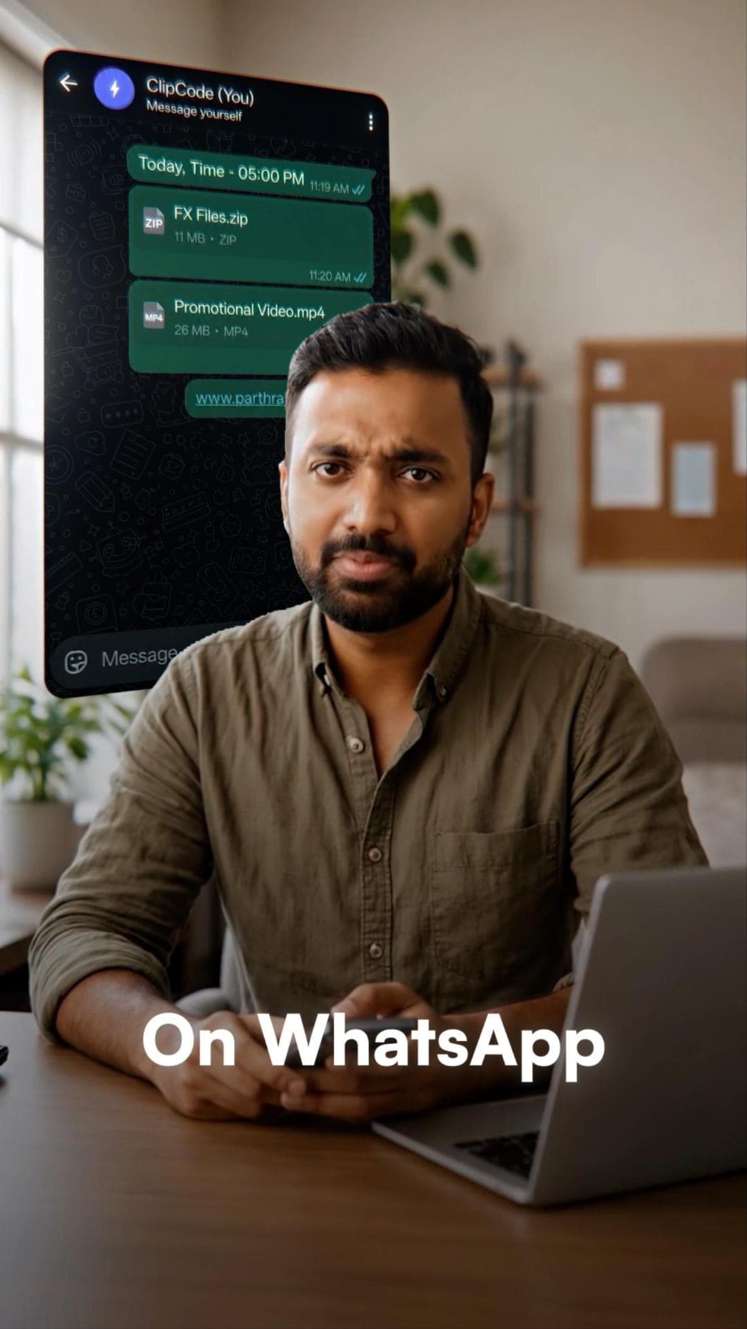 ClipCode reel: presenter at a desk with a WhatsApp chat on screen